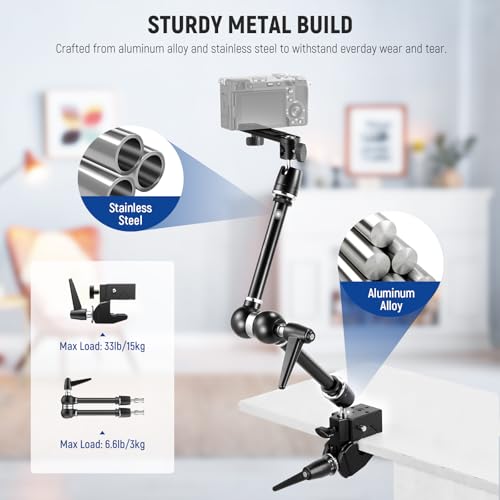 Image of NEEWER 21 inch Magic Arm Camera Mount with Super Clamp, Overhead Desk Mount with 360 Dual Ball Head, 1 /4 inch 3 /8 inch 5 /8 inch Stud Adapter for PA073 PA074 Phone Cage Rig DSLR Camera Monitor Video Light, UA018