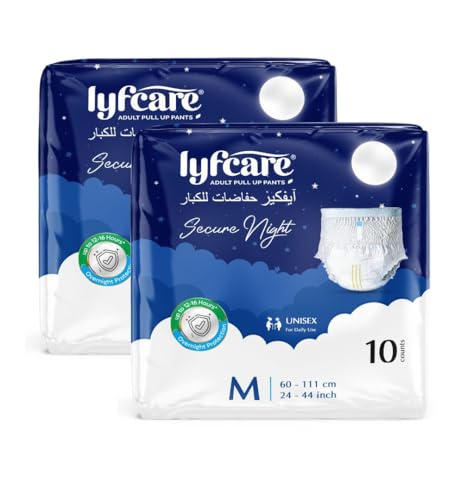 Image of Lyfcare Secure Night Adult Diapers Medium Size (M) - 20 Units (Pack of 2) | Unisex Diapers Pants | Waist (60-111 cm) | Wetness Indicator, Super absorb, 360 Protection & 0% Leakage | For Men & Women