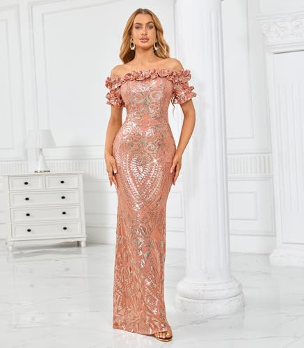 Image of dasmzper Women Sexy Sequin Off Shoulder Ruffle Short Sleeve Bodycon Mermaid Party Formal Evening Maxi Dress