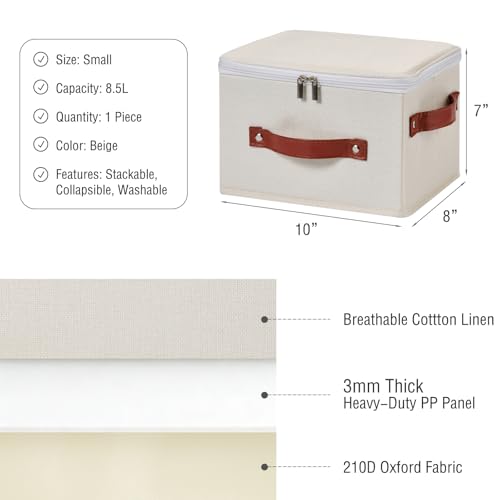Image of Storage Bin Box with Zippered Lid Cotton Linen Fabric Decorative Basket with PU Leather Handles PP Plastic Board Foldable Lidded Clothing Shelf Closet Organizer Container (Beige, Small)