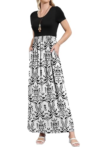 Image of EUOVMY Women's Short Sleeve Loose Plain Maxi Dresses Casual Vacation Long Dresses with Pockets