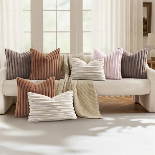 Image of decorUhome Fall Cozy Faux Fur Throw Pillow Covers 18x18 Set of 2 Decorative Soft Plush Striped Modern Farmhouse Boho Couch Pillow Cases with Velvet Back for Sofa Bed Living Room, Brown