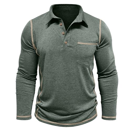 Polo de manga larga para hombre, estilo clásico casual, cuello redondo, material de camiseta de algodón, detalle básico de botón, equipado con bolsillo en el pecho para artículos esenciales, verde