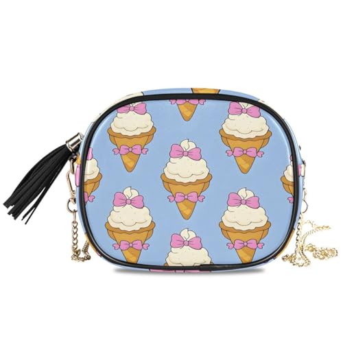 ALAZA Women's Blue Background Bowtie Ice Cream Pattern PU Leather Crossbody Bag Shoulder Purse with Tassel