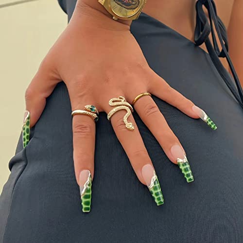 Babalal Press On Nails Long Coffin Fake Nails Green Glue On Nails French Tip Acrylic Nails 24Pcs Ballerina Long False Nails With Crocodile Pattern Design Nails For Women And Girls #TOP14