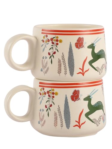 Image of miah decor Ceramic Tea Cups Set of 6 - Cream Red | Handcrafted Stoneware Matte Deer & Floral Finish | Microwave & Dishwasher Safe Coffee Cups & Mugs for Home, Office & Gifting - Every Occasion |180ml