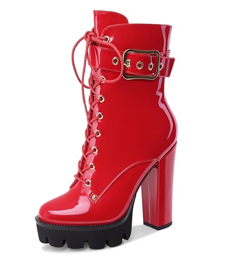 Z.Oufeier Women's Platform High Chunky Heel Combat Goth Ankle Boots Buckles Patent Leather Lace Up Block Heeled Booties