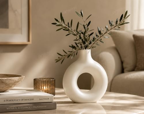 Image of Divyakosh White Donut Vase for Home Decor | Modern Geometric Flower Vase' (VASE' ONLY) for Center Table, Home Decoration Items for Living Room, Aesthetic Home Decor | 9 Inch