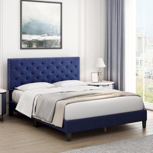 Image of Julius Upholstered Bed Queen Size Without Storage Solid Sheesham Wood | Modern Premium Fabric Upholstery Cushion Headboard | Queen Bed for Bedroom Wooden Double Bed Cot 78x60 Inch Queen