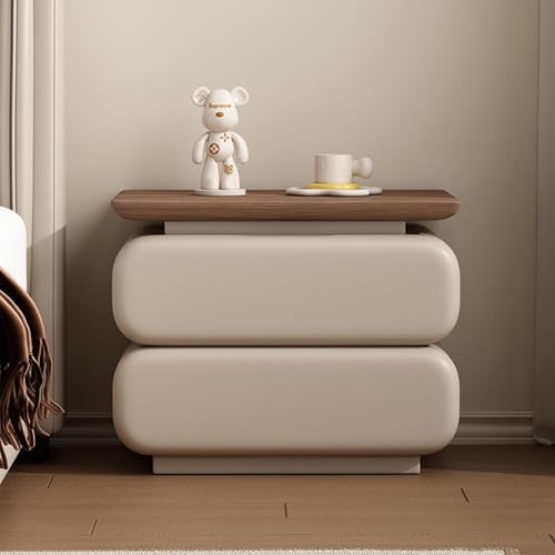 Minimalist Nightstand with 2 Drawers, Leather Storage Cabinet, Lightweight Bedside Table for Bedroom and Living Room, Modern Design (Brown & Beige, 50cm)