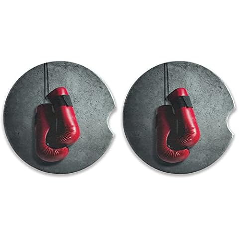 Poeticcity Red Boxing Gloves Hanging on Wall as Retirement Concept 2 PCs Car Absorbent Ceramic Coaster, Auto Round Cup Mat Mug Pad with a Finger Notch for Easy Removal, Cup Holder with Cork Base Cover