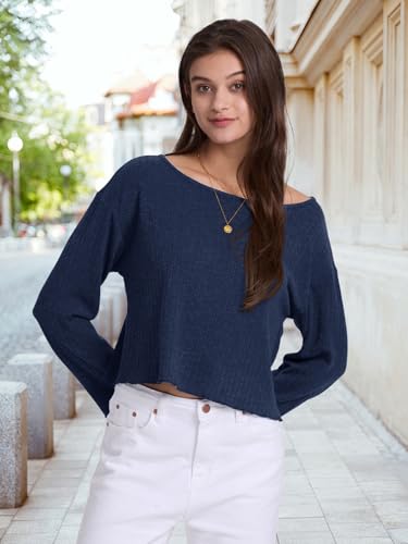 Image of Womens Long Sleeve Crop Tops Off Shoulder Cropped Shirts Loose Casual Y2k Tops Basic Tees Fall Sweaters for Women