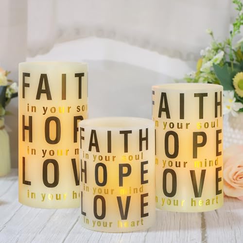 Image of Christmas Decor Flameless Candles with Remote Control - Real Wax Flickering LED Candles - Home Room Holiday Xmas Decorations, 3 Pieces, Faith, Hope, Love
