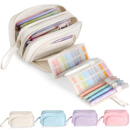 Image of Large Capacity Pencil Case with Pull-out Structure - Multifunctional Extra Big Pencil Pouch Pen bag, Portable Stationery Organizer with Zipper, Office School Supplies for Boys Girls, White