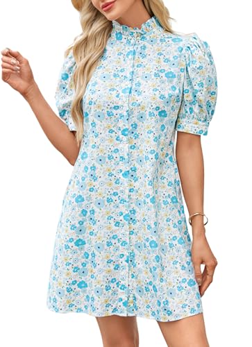 Image of Ladyful Women's Summer Floral Shift Short Sleeve Button Front Mini Dress | puff sleeve, ruffle stand neck, boho style, beach vocation, 100% cotton, loose fit, shirt sundress