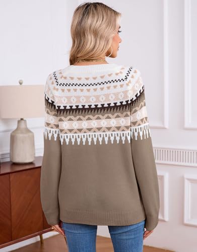 Image of Women's Fair Isle Sweater Crew Neck Long Sleeve Heart Sweater Vintage Tops