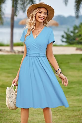 Image of Newshows Women's Pockets Wrap V Neck Floral Summer Vacation Casual Sundress | Wrinkle Free, Stretchy, Summer Beach Floral Sundress 2026, Casual Dress for Vacation, Guaduation, Side Pockets, A-line
