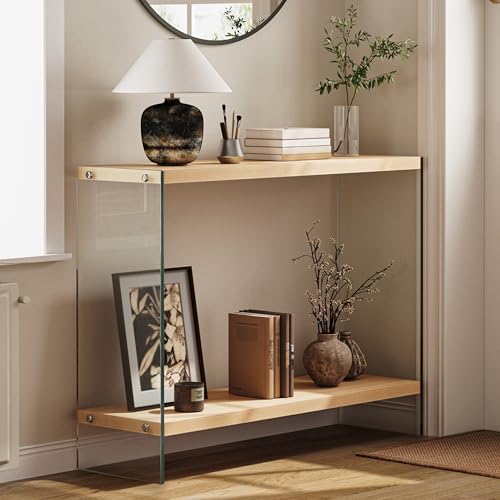 Artloge Mesa Consola de Entrada, 100x30x76cm Mesa Auxiliar Rectangular para Sofá con Tablero de MDF, Patas de Cristal, Aparador de Exposición para Salón Pasillo Recibidor, Color Madera y Transparente