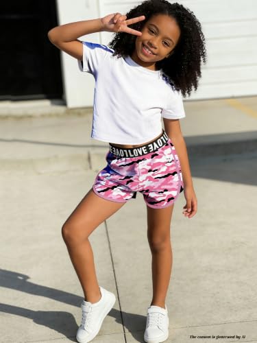 Image of Betusline Girls Summer 2 Piece Outfits,Kids Short Sleeve Crop Top & Shorts Set with Side Pockets