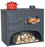 Kochen und Backen Sie ohne die Verwendung von Strom oder Gas. Verstauen Sie Ihr Holz praktisch unter dem Ofen. Vollständig mit Schamottstein ausgekleidete Brennkammer. Integrierte Sichtfenster. Herausnehmbares Aschefach. Regulierbare Luftzufur.