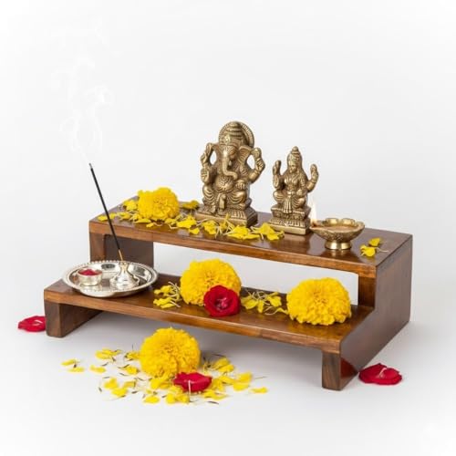 Image of Premium Wooden Pata Chowki for Pooja |2 Step Pata Chowki Decorative bajot for Sitting Pooja Temple Stool for Mandir| Handcrafted Wooden Bajot Chowki for Temple, Home & Decorative Use (Brown)