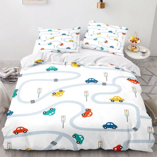 Housse de couette 140x200 microfibre 110g/㎡ voiture blanche et parure de lit 2 taies 65x65