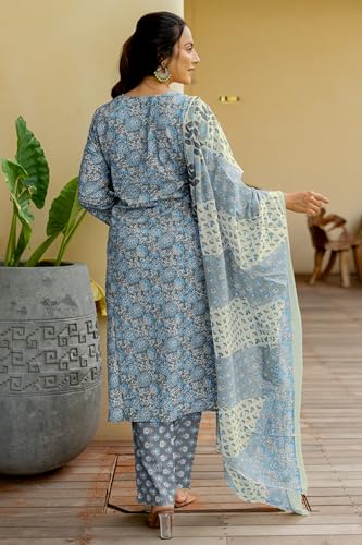 Image of MIRCHI FASHION Women's Straight Fit Pure Cotton Embellished Floral Printed Kurta Set with Dupatta and Trouser