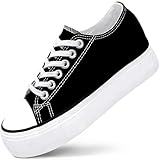 Platform Sneakers for Women Hidden Wedge 2 Inches Height Boost Shoes, Canvas Low Top Lace Up Fashion Casual Breathable Height Increasing Footwear Black