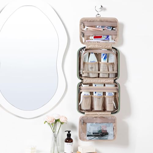 Image of NISHEL Travel Toiletry Bag for women, Portable Hanging Organizer for Travel-Sized Shampoo, Conditioner, Brushes Set, Makeup Accessories, Medium Size, Purple, Bronze Green