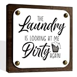 BQL The Laundry Is Looking At Me Dirty Again Sign, Laundry Wood Sign, Box Wood Plaques Desk Decor, Laundry Box Sign, Funny Laundry Decor, Dirty Clothes Decor, Farmhouse Decor for Laundry Room, white