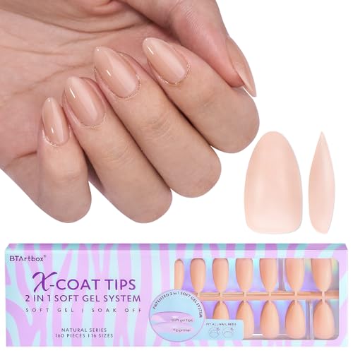 BTArtbox Short Almond Nail Tips - Soft Gel XCOATTIPS Natural Pres...