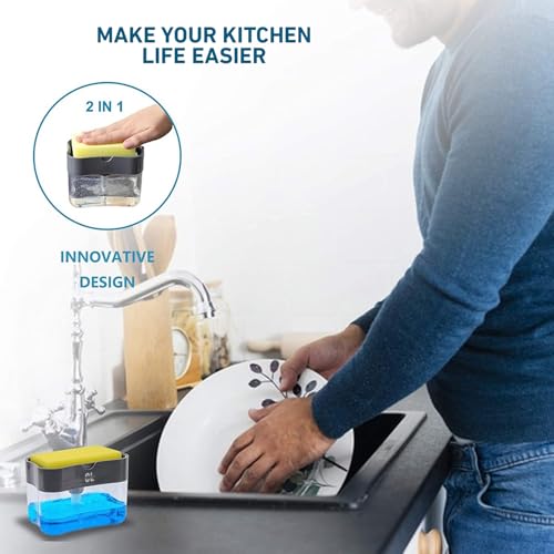 Image of 2 in 1 Soap Dispenser for Kitchen Sink | Plastic Dish Soap Pump Dispenser with Sponge Holder | Liquid Soap Dispenser for Bathroom Wash Basin | Leak Proof Countertop Organizer