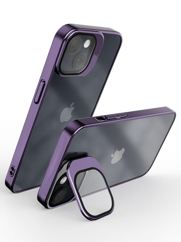 TechTrendz Camera Lens Stand Cover for iPhone 14, Adjustable Hard PC Camera Ring Stand, Scratch Resistant Kickstand Transparent Back Case - Light Purple
