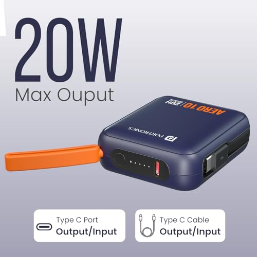 Image of Portronics Aero 10 10000 mAh 20W Fast Charging Mini Power Bank with Detachable Type C Cable, Type C PD Input /Output Port, LED Indicator, Wake Up Button, Strong Lanyard, Light Weight (Blue)