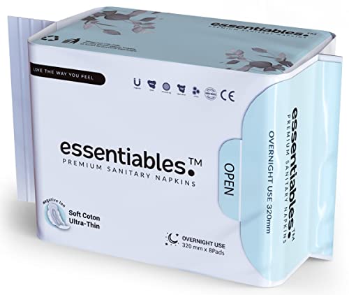 Essentiables, Overnight Super Absorbency, Premium Cotton Cover Sanitary Pads – Side Protection, Unscented, Ultra Thin Pads for Women (8 Count)