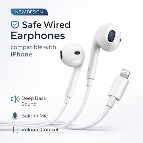 Image of Wired Earphones Compatible with iPhone, Lightning Connector, in-Ear Headphones, White