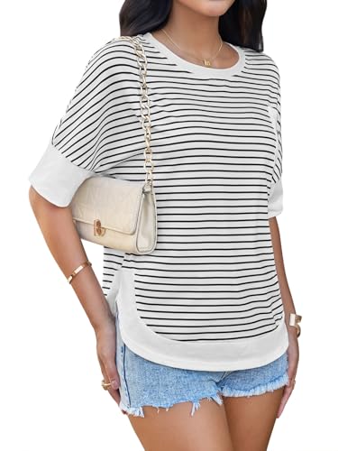 Yousify Womens Striped T-Shirts Summer Short Sleeve Tops Casual Loose Fit Crew Neck Tee Shirts — view 4