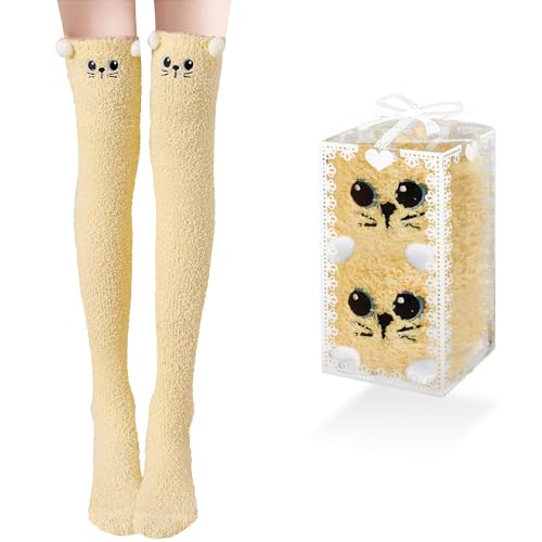 1 Paia Calzini Da Ginocchio, Donna Lunghi Calzini, Calze Termiche Lunghe Sino Al Ginocchio, Calze Al Ginocchio Sopra Il Ginocchio, Con Scatola Regalo Trasparente, Taglia Unica(Giallo)-image