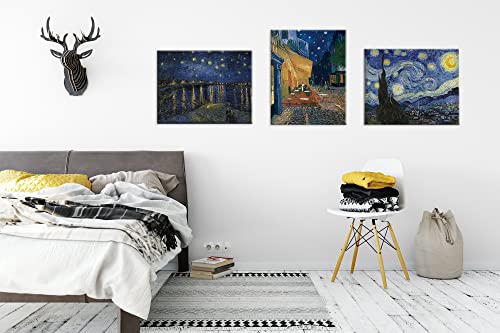 Sinsoledad Wall Art Set, Trilogy Of Starry Nights By Van Gogh, The Starry Night 1889, Starry Night Over The Rhone, Cafe Terrace At Night, Hd Giclee Canvas Prints Framed Ready To Hang, 16" X 20" X 3 Panels #TOP7