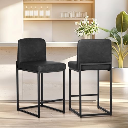 ALPHA HOME Lot de 2 tabourets de bar avec dossier en cuir synthétique - Avec repose-pieds - Cadre en acier métallique solide - Noir