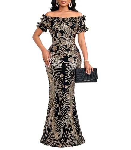 Image of dasmzper Women Sexy Sequin Off Shoulder Ruffle Short Sleeve Bodycon Mermaid Party Formal Evening Maxi Dress
