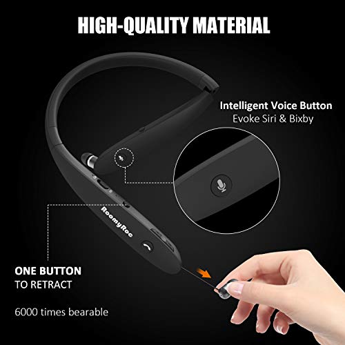 Image of RoomyRoc Bluetooth Headphones, RoomyRoc Wireless Neckband Headset Evoking Siri & Bixby with Retractable Earbuds, Sports Sweat-Proof Noise Cancelling Foldable Stereo Earphones with Mic (Black)