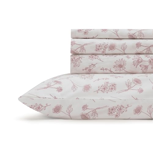 Image of Linen Home 100% Cotton Printed Percale Sheet Set Queen - 4 Piece Deep Pocket Floral Bedding, Crisp Cool & Breathable, Fade-Resistant Design, Hotel Luxury, Long-Staple Combed Cotton - Mauve Botanical
