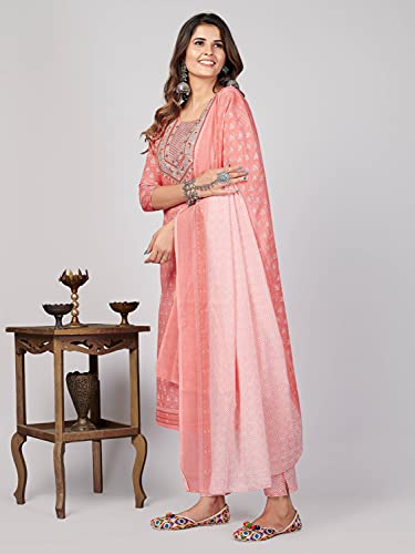 Image of Vbuyz Women's Printed & Embroidered Straight Cotton Stitched Kurta With Dupatta