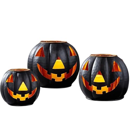Halloween Metal Jack O Lanterns Pumpkin Set of 3 with LED Candles...