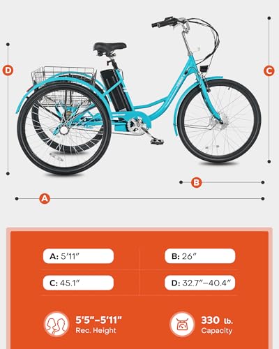 VIRIBUS Electric Tricycle for Adults, 26 inch Electric Trike 250W(Peak 500W) with 468Wh Removable Battery, Motorized Adult Tricycle, 3 Wheel Electric Bike for Senior, E Trikes 330 lb. Teal - Image 6