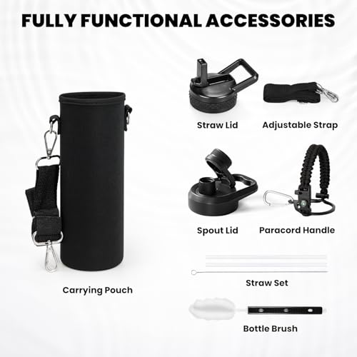 Image of RAYMYLO Insulated Water Bottle 24 oz, Triple Wall Vacuum Stainless Steel (Cold for 24Hrs, Hot for 12Hrs), Leak Proof & Non-BPA, Modern Water Flask Jug with Paracord Handle & Straw Spout Lids