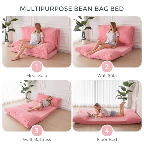 Image of MAXYOYO Folding Sofa Bed, Floor Sofa Convertible Chair with Washable Cover, Floor Couch Lounge Bean Bag Chair Bed for Living Room, Pink, 54x91 Inch