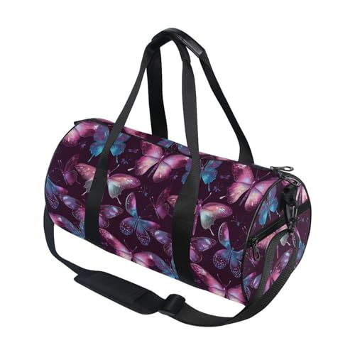 Purple Butterfly Sports Duffel Bag Full Print Barrel Gym Bag with Adjustable Shoulder Strap, Multiple Pockets for Workout Travel and Sports Durable Polyester with Microfiber Leather Accents
