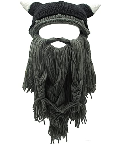YEKEYI Viking Beard Beanie Horn Hat Winter Warm Mask Knitted Wool Funny Skull Cap